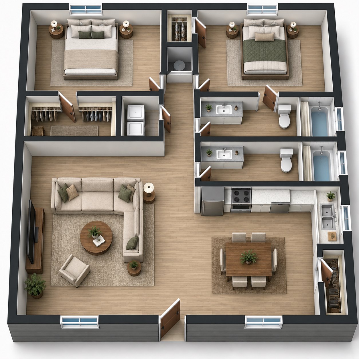 Furnished 3D view of the 2 Bedroom Home floor plan showing the bedrooms, both bathrooms, kitchen, and the open living and dining area