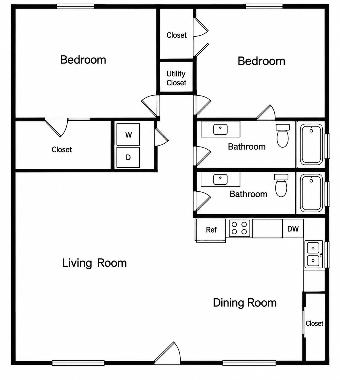Floor plan of the 2 Bedroom Home: 2 bedrooms and 2 bathrooms off a central hall, with an open living and dining area and the kitchen along one side