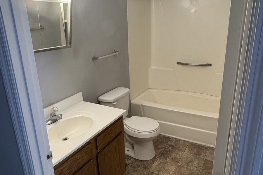 Full bathroom with a tub and shower, vanity, and mirror