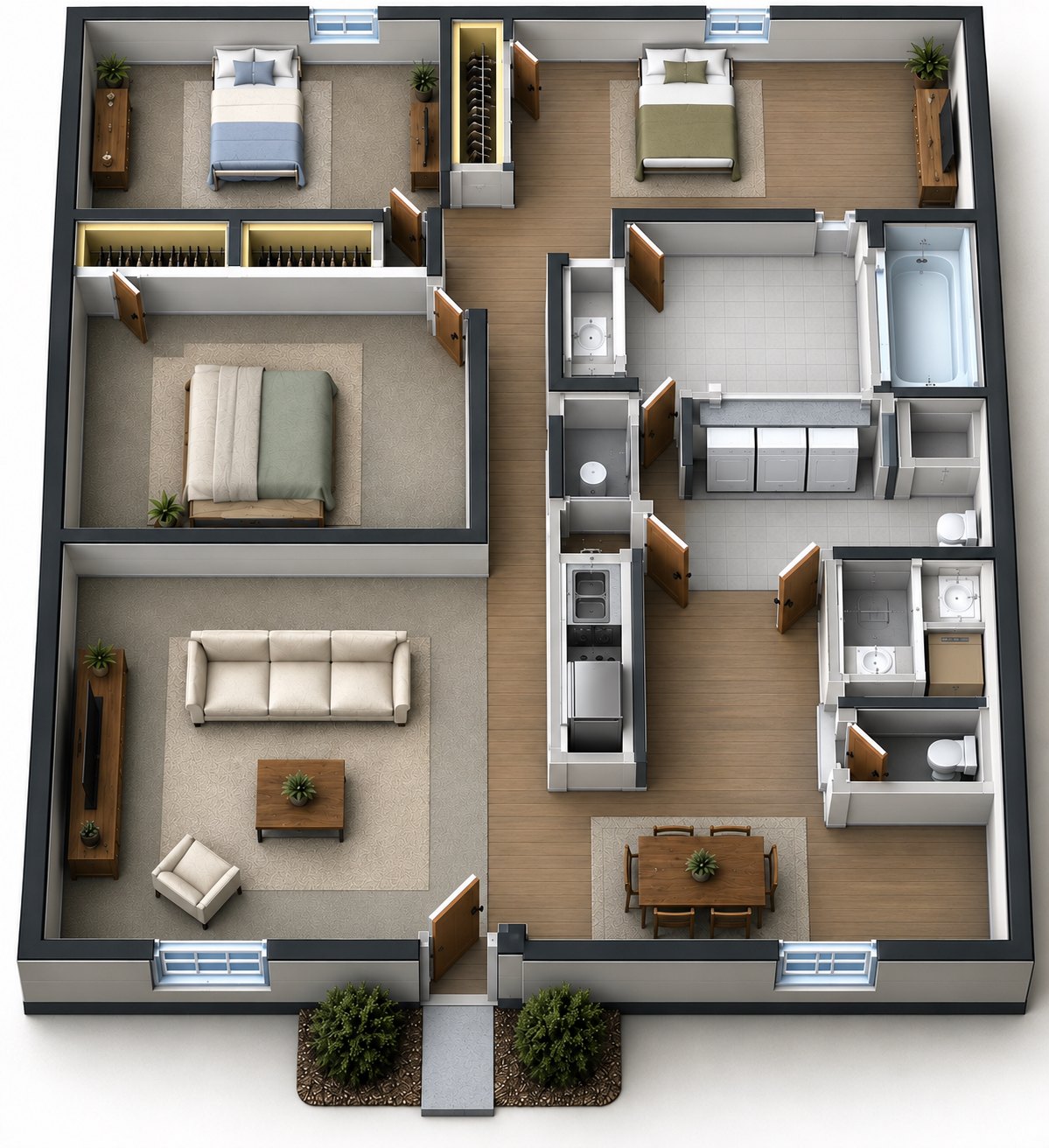 Furnished 3D view of the 3 Bedroom Home floor plan showing the bedrooms, both bathrooms, kitchen, and the open living and dining area