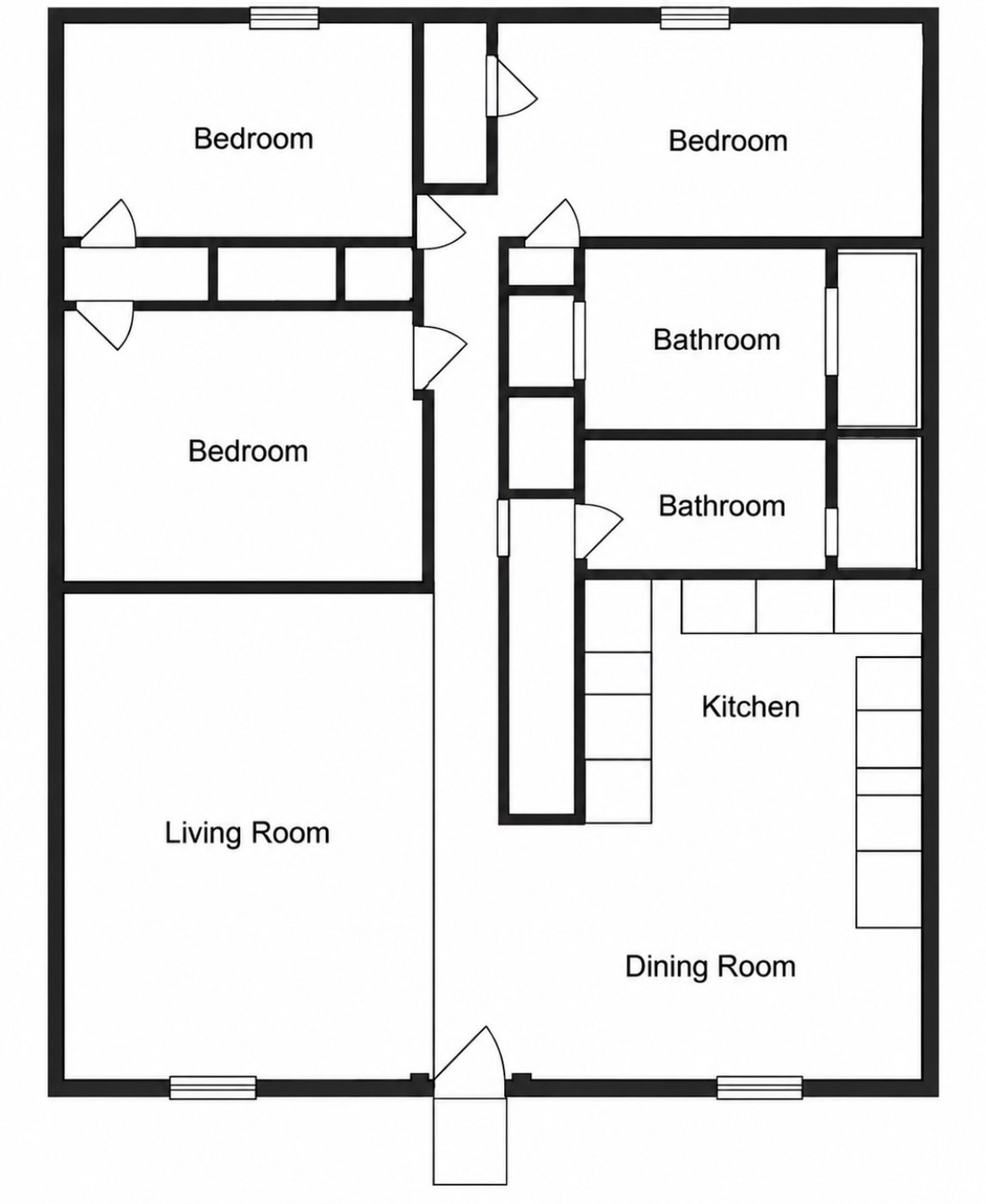 Floor plan of the 3 Bedroom Home: 3 bedrooms and 2 bathrooms off a central hall, with an open living and dining area and the kitchen along one side